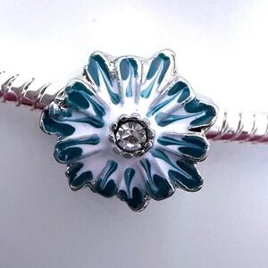 Silver & Blue White Flower Crystal Center Bead Charm Fits Snake Chain Bracelet
